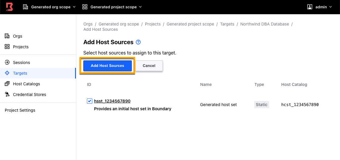 Admin Console Add Host Sources