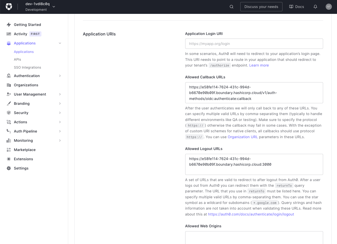 Auth0 Application Settings